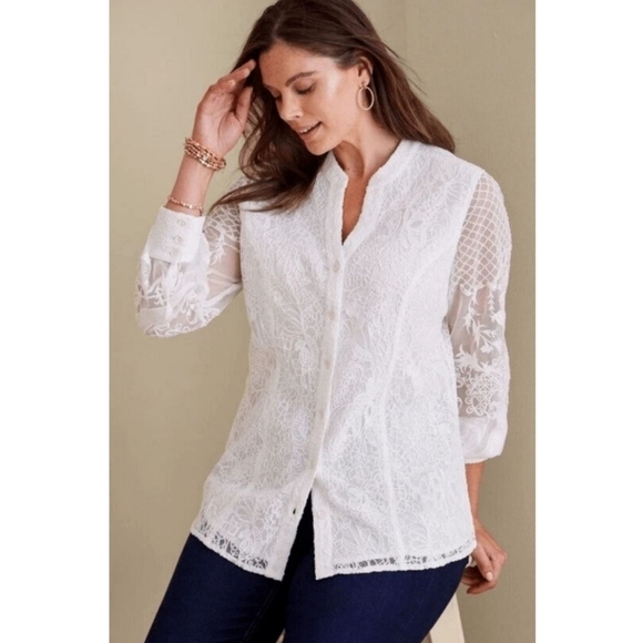 Soft Surroundings Fiori Lace Embroidered Button Front Top Ivory Pearl Women’s 3X - Picture 1 of 9
